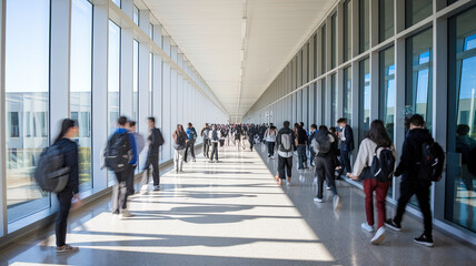 Modern School or University Corridor Bustling with Students in Motion, Capturing Movement and Activity, Busy Educational Environment, Dynamic Campus Scene, Student Traffic