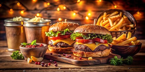 Grilled American Classics Flavorful Moody Juicy Retro Technicolor concept, comfort food, street food, casual dining, savory aromas, summertime vibes, warm