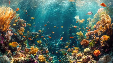 Naklejka premium A panoramic view of a bustling underwater reef, with various species of fish, seaweed, and coral creating a lively and colorful environment.