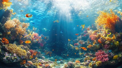 Obraz premium A panoramic view of a bustling underwater reef, with various species of fish, seaweed, and coral creating a lively and colorful environment.
