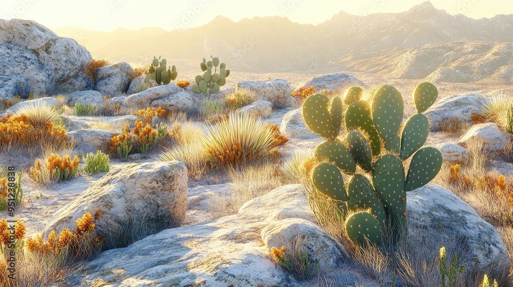 Poster a panoramic view of a desert landscape dotted with various types of cacti, creating a textured and d