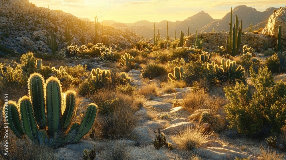 Poster a panoramic view of a desert landscape dotted with various types of cacti, creating a textured and d