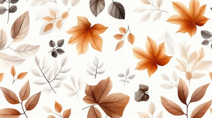 Autumn Leaf Pattern    Brown and Beige Leaves on White Background