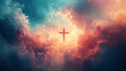 Fototapeta premium Abstract wallpaper of a Cross in heavenly, ethereal clouds. Cross background symbolizing prayer, heaven, or spirituality.