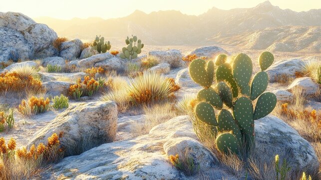A panoramic view of a desert landscape dotted with various types of cacti, creating a textured and diverse scene.