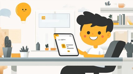 Naklejka premium Happy Character Sitting at Desk Holding Tablet Displaying Payment Confirmation Screen