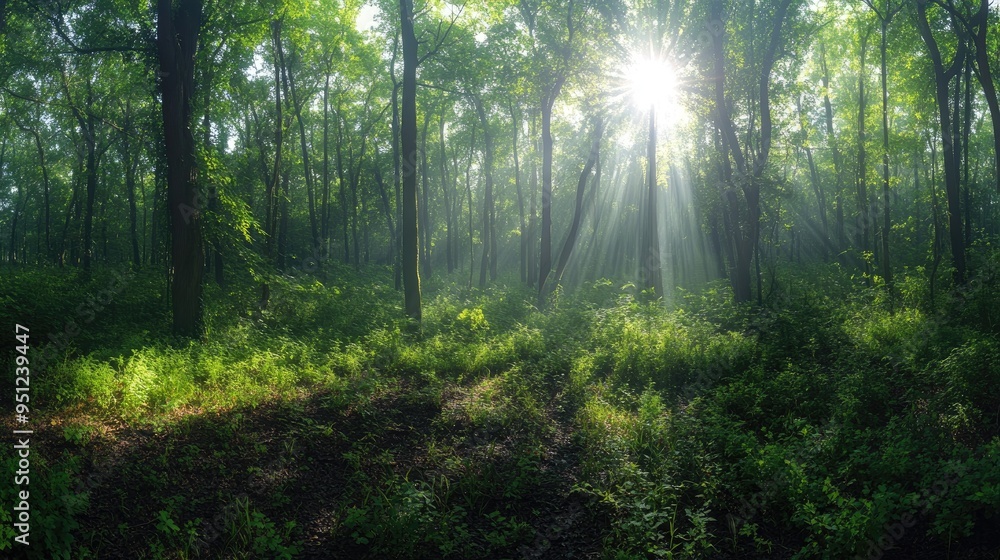 Poster a panoramic view of a forest with dense, green foliage and sunlight filtering through the trees, cre