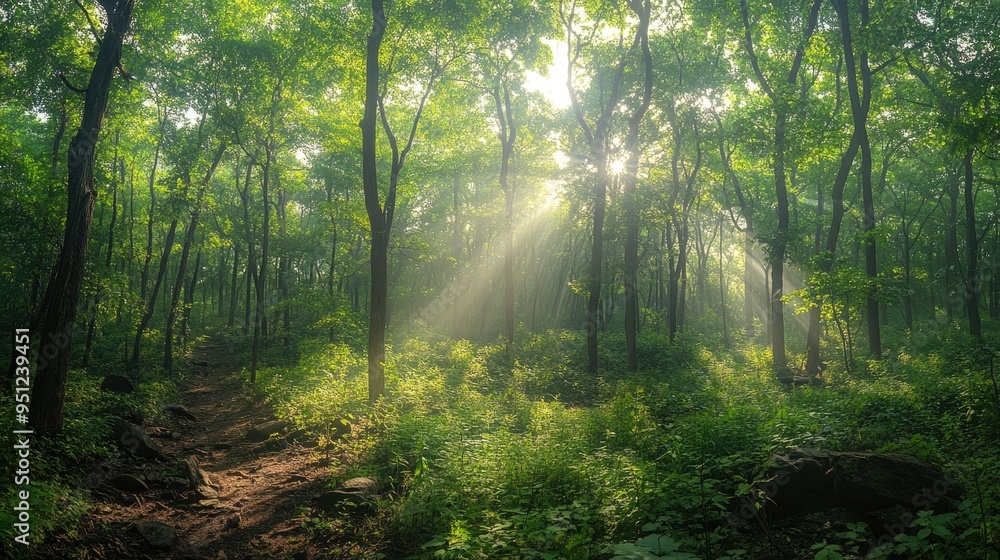 Poster a panoramic view of a forest with dense, green foliage and sunlight filtering through the trees, cre