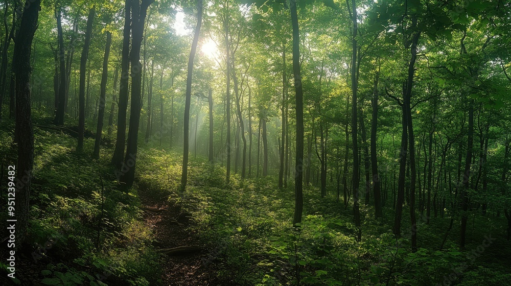 Poster a panoramic view of a forest with dense, green foliage and sunlight filtering through the trees, cre