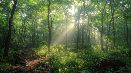 Obraz premium A panoramic view of a forest with dense, green foliage and sunlight filtering through the trees, creating a serene and refreshing natural backdrop.
