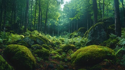 Fototapeta premium A panoramic view of a forest with moss covered boulders and ferns, offering a rich and vibrant natural scene with space for text.