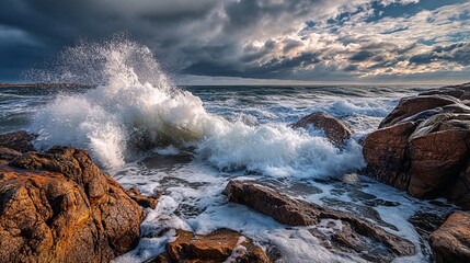 Fototapeta premium Dramatic Ocean Waves Crashing on Rocks with High Contrast Skies