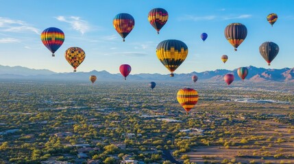 Obraz premium A collection of colorful hot air balloons in flight over Phoenix, Arizona, capturing the beauty of the desert sky.