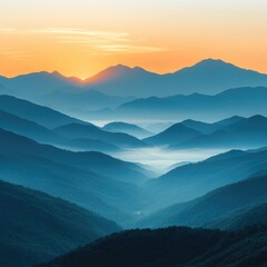Fototapeta premium A panoramic view of a mountain range at sunrise, with layers of mist and soft lighting, providing a breathtaking landscape with ample copy stylize 250