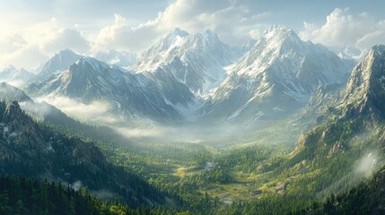 A panoramic view of a mountain range, with dense forests covering the lower slopes and snow on the higher peaks.