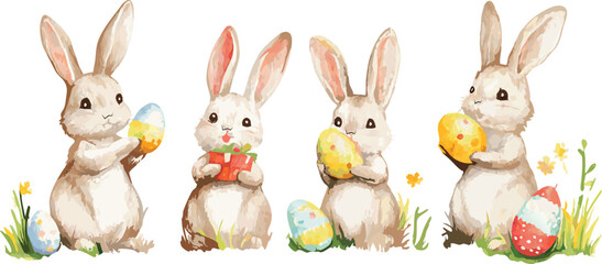Obraz premium A charming watercolor illustration featuring a cute bunny surrounded by colorful eggs and festive presents, perfect for celebrating the joy and spirit of Easter.