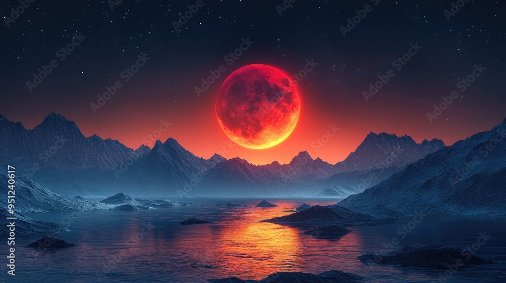 Poster a panoramic view of a red moon setting over a mountain range, capturing the majesty and beauty of th