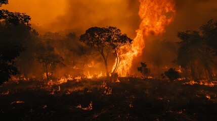 The forest is ablaze in an Indian jungle, with smoke and flames creating a dramatic orange scene from afar