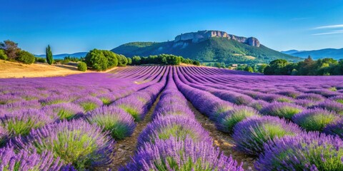 Scenic view of vibrant Provence Lavande landscape under clear blue sky, lavender fields, purple flowers