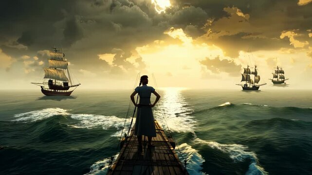 Female pirate captain stands defiantly on ship deck amidst turbulent sea. Golden sunlight breaks through dramatic cloudy sky. Distant sailing ships visible on horizon. 