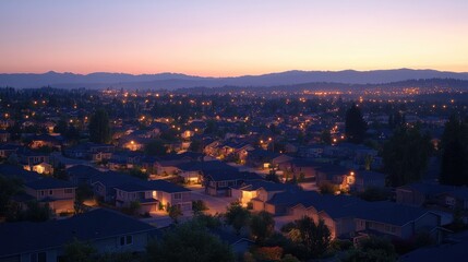 A panoramic view of a suburban neighborhood at dusk, with houses glowing softly in the evening light and the sky transitioning to night, providing ample copy space.