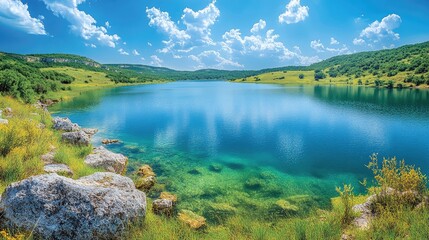 Fototapeta premium A panoramic view of a Texas lake with clear blue water, surrounded by green hills and under a bright, sunny sky.