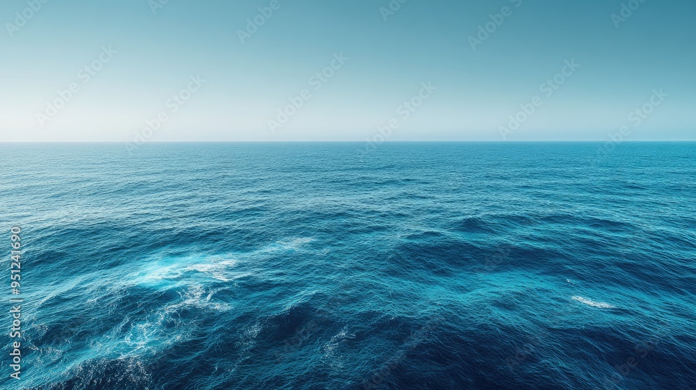 Poster a panoramic view of a vast ocean with a gradient of blue tones and gentle waves, perfect for summer 