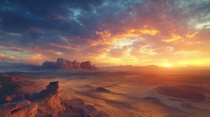 A panoramic view of a vast desert landscape with dramatic rock formations and a colorful sunset sky, ideal for showcasing the grandeur of nature with ample copy space.