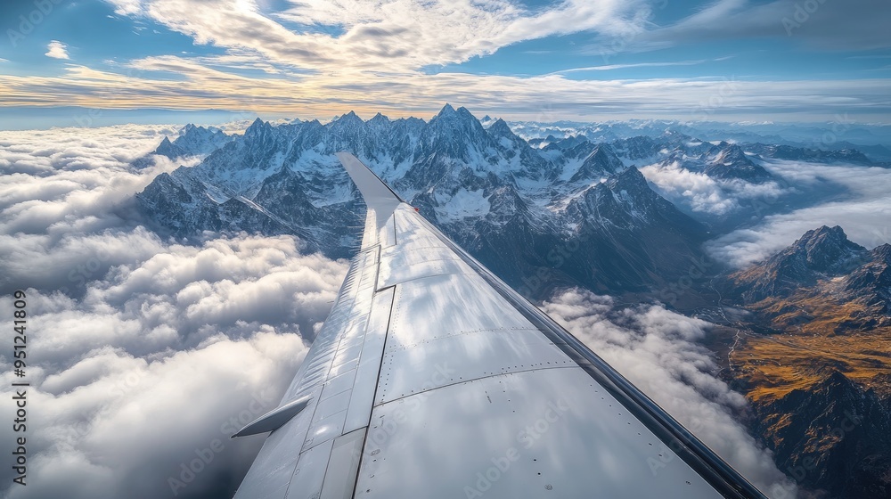 Poster a panoramic view of an airplane wing with a backdrop of mountains and clouds, evoking a sense of adv