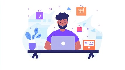 Character Sitting at Desk with Coffee and Browsing Online Store on Laptop