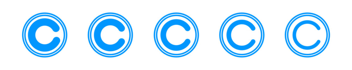 Copyright symbol shape. icon set. protection C mark vector icons in blue color style