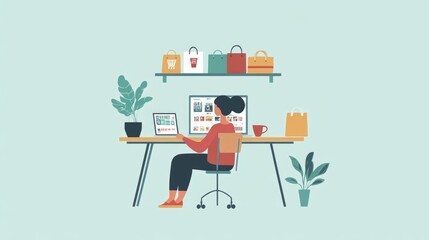 Character Sitting at Desk with Coffee and Browsing Online Store on Laptop