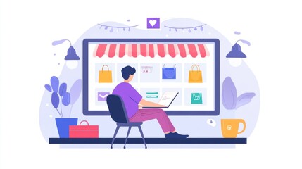 Character Sitting at Desk with Coffee and Browsing Online Store on Laptop