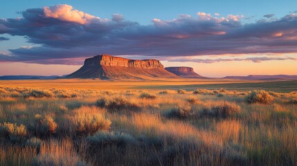 Naklejka premium A panoramic view of New Mexico's mesas at dusk, with the landscape bathed in the warm glow of the setting sun, providing a dramatic and picturesque scene with ample copy space.