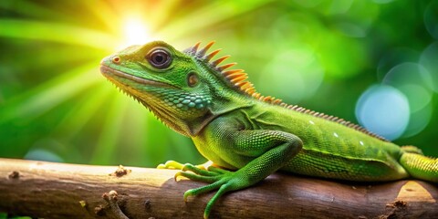 Fototapeta premium Green crested lizard basking on branch in the sun , reptile, wildlife, nature, camouflage, tropical, exotic, scales