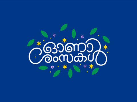 Kerala, Indian holiday. Happy Onam or Onam Wishes Malayalam lettering or typography illustration with flowers. Onam festival greeting.