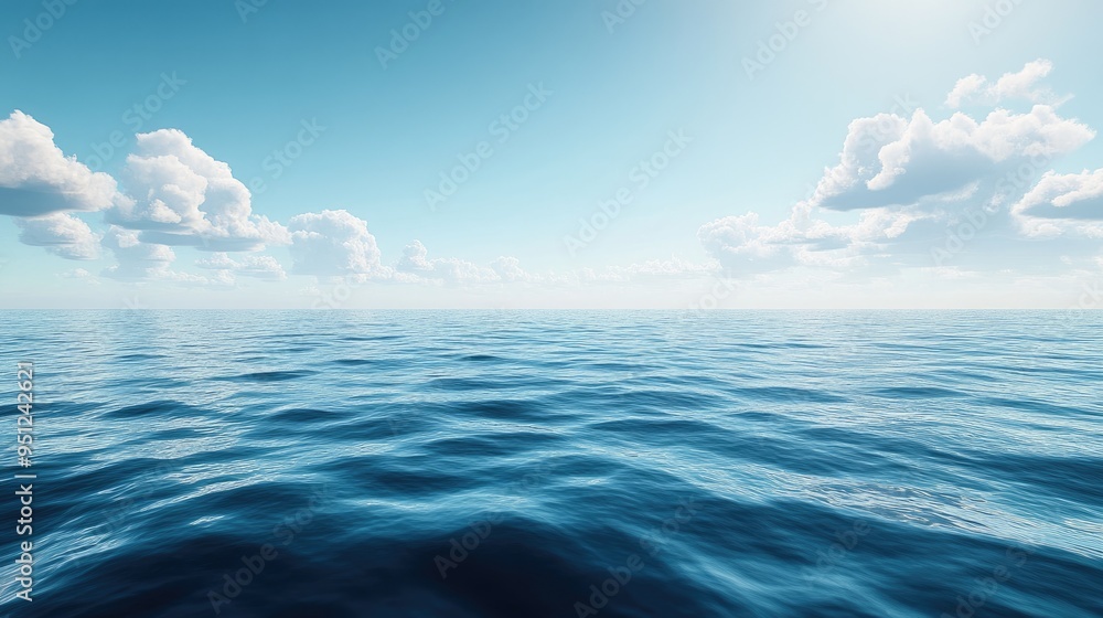 Poster a panoramic view of the ocean with a distant horizon and calm waters, ideal for creating a tranquil 