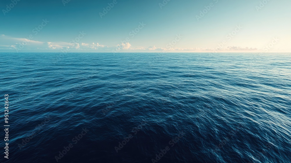 Poster a panoramic view of the ocean with a distant horizon and calm waters, ideal for creating a tranquil 