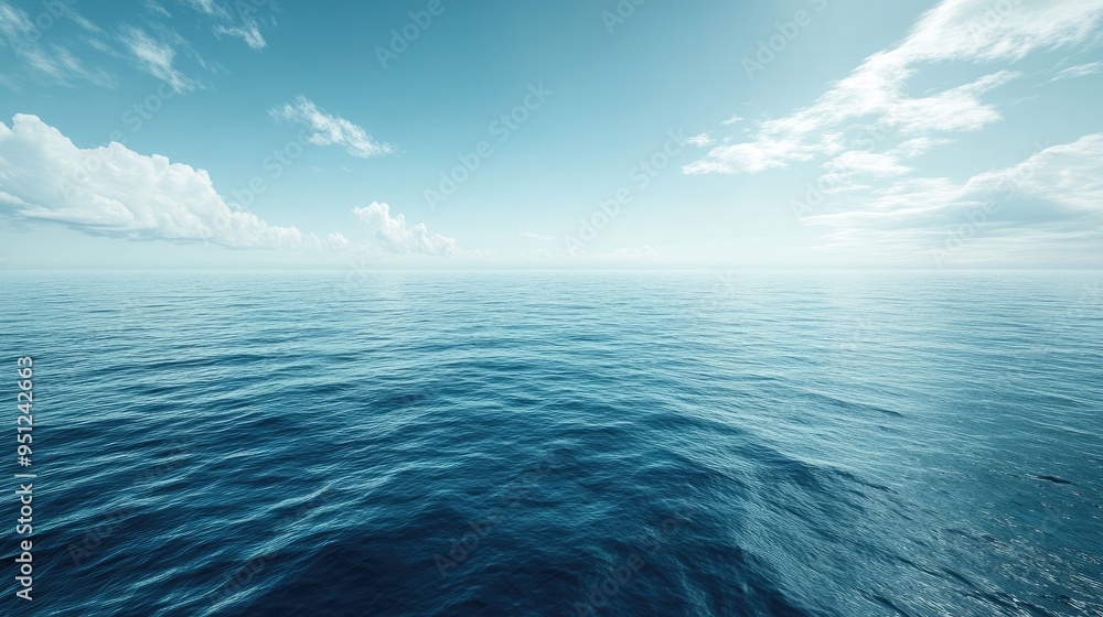 Poster a panoramic view of the ocean with a distant horizon and calm waters, ideal for creating a tranquil 