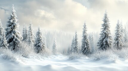 Fototapeta premium A panoramic winter landscape with snow laden trees and a soft, overcast sky, showcasing the tranquil beauty of the season with space for messaging.
