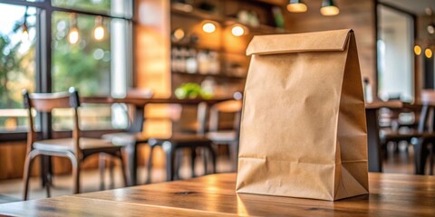 Brown paper bag mockup on a cafe table, mockup, brown paper bag, cafe, table, restaurant, template, blank