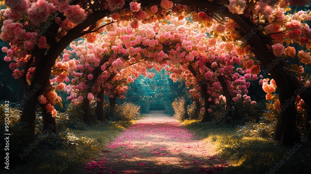 Poster a path lined with blooming trees in a spring garden, their branches forming a colorful archway, offe