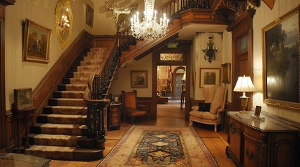 A magnificent cornsilk stairway and tasteful entry hall in opulent rental sets