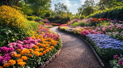 Obraz premium A pathway winding through a flower garden, with a variety of blooming flowers creating a colorful, inviting scene.