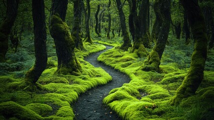 A pathway winding through a moss covered forest, with ancient trees and rich greenery, ideal for nature and adventure themes with ample copy space.