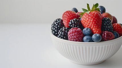 Assorted Fresh Berries in Bowl on White Background with Copy Space