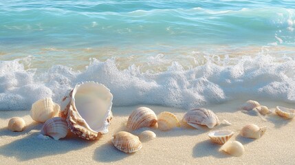A peaceful beach scene with seashells scattered along the shore, perfect for relaxation themed material. Spacious scene with room for text.