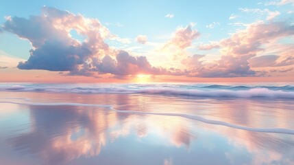 Fototapeta premium A peaceful beach scene with the horizon line blending into the sky, where clouds are painted in pastel colors by the setting sun.