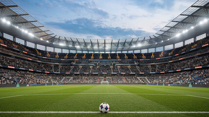 Obraz premium Soccer Stadium with Soccer Ball Placed on Green Field, Stadium Seating and Field in View, Soccer Game Setting, Outdoor Sports Arena, Soccer Pitch with Ball, Sports Venue
