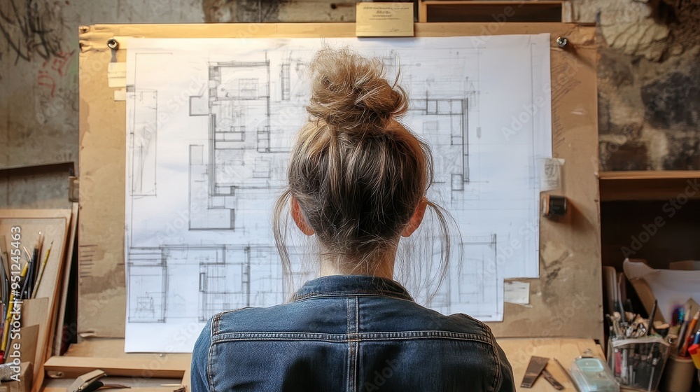 Poster architect examining building blueprints in studio